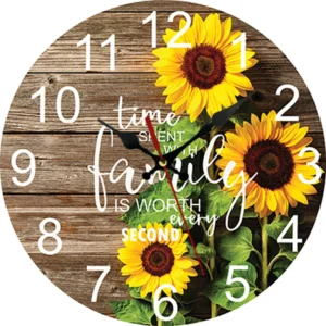 VOCOO 10'' Sunflower Round Wall Clocks, Wooden Silent Non Ticking Industrial Analog Clock for Kitchen Home Office Bedrooms (with Hook)