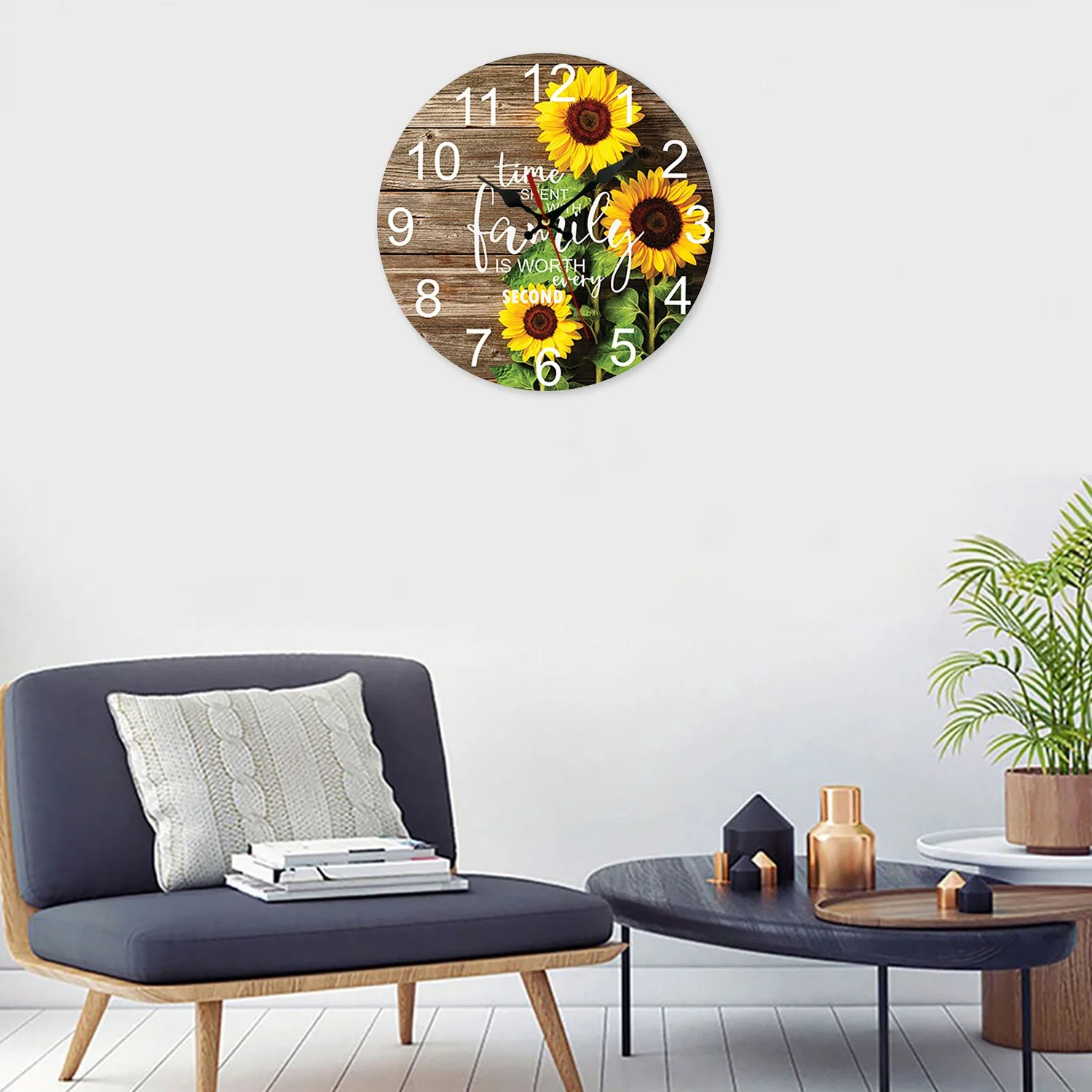 VOCOO 10'' Sunflower Round Wall Clocks, Wooden Silent Non Ticking Industrial Analog Clock for Kitchen Home Office Bedrooms (with Hook) - Image 3