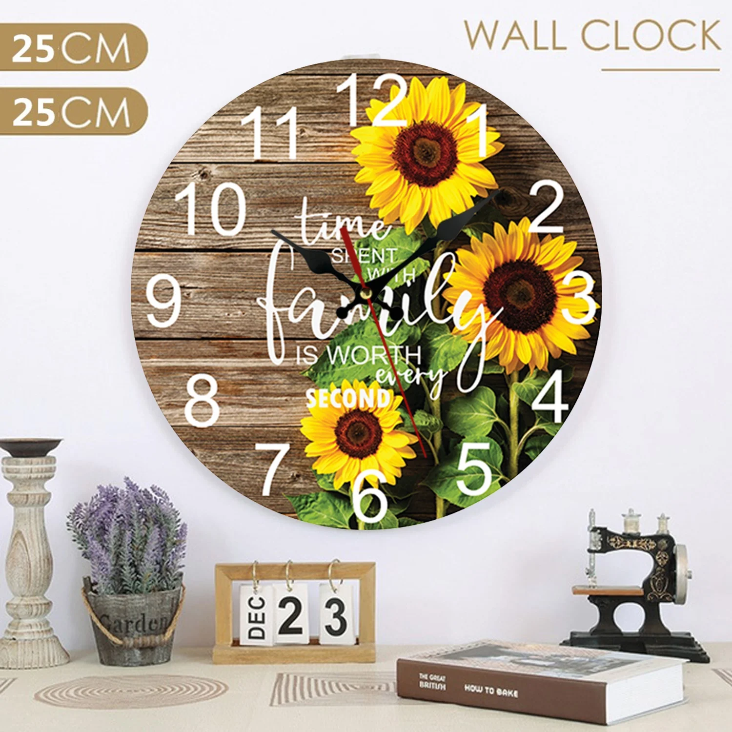 VOCOO 10'' Sunflower Round Wall Clocks, Wooden Silent Non Ticking Industrial Analog Clock for Kitchen Home Office Bedrooms (with Hook) - Image 2
