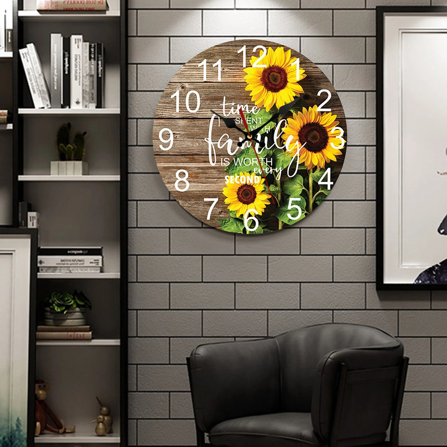 VOCOO 10'' Sunflower Round Wall Clocks, Wooden Silent Non Ticking Industrial Analog Clock for Kitchen Home Office Bedrooms (with Hook) - Image 4