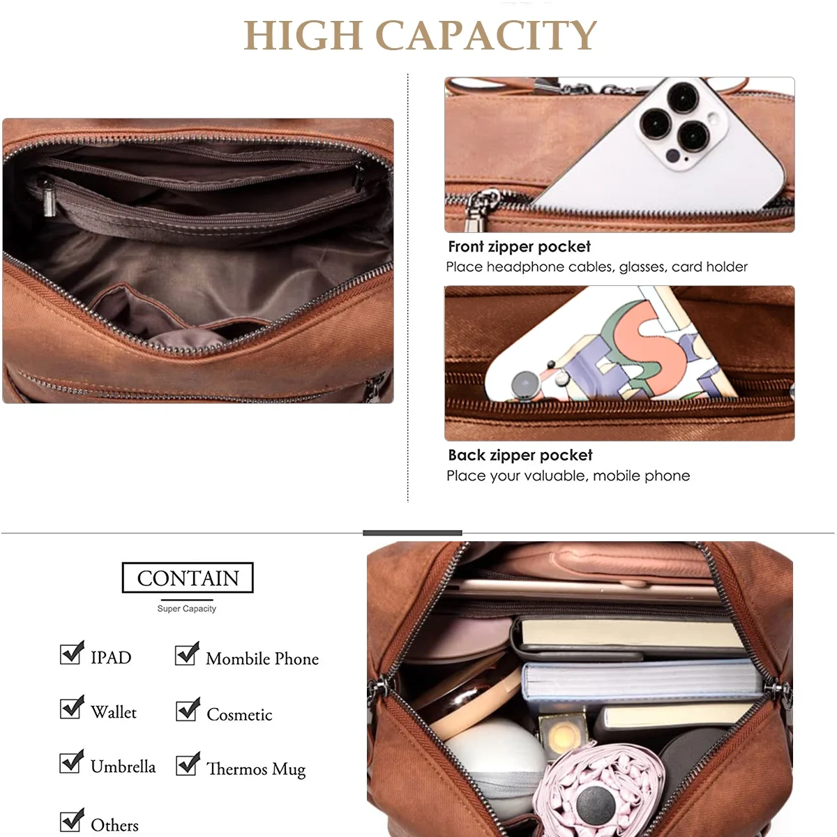 HONGLONG Backpack Purse for Womens, Waterproof PU Leather Backpacks Handbags, Ladies Casual Shoulder Bags Brown - Image 3