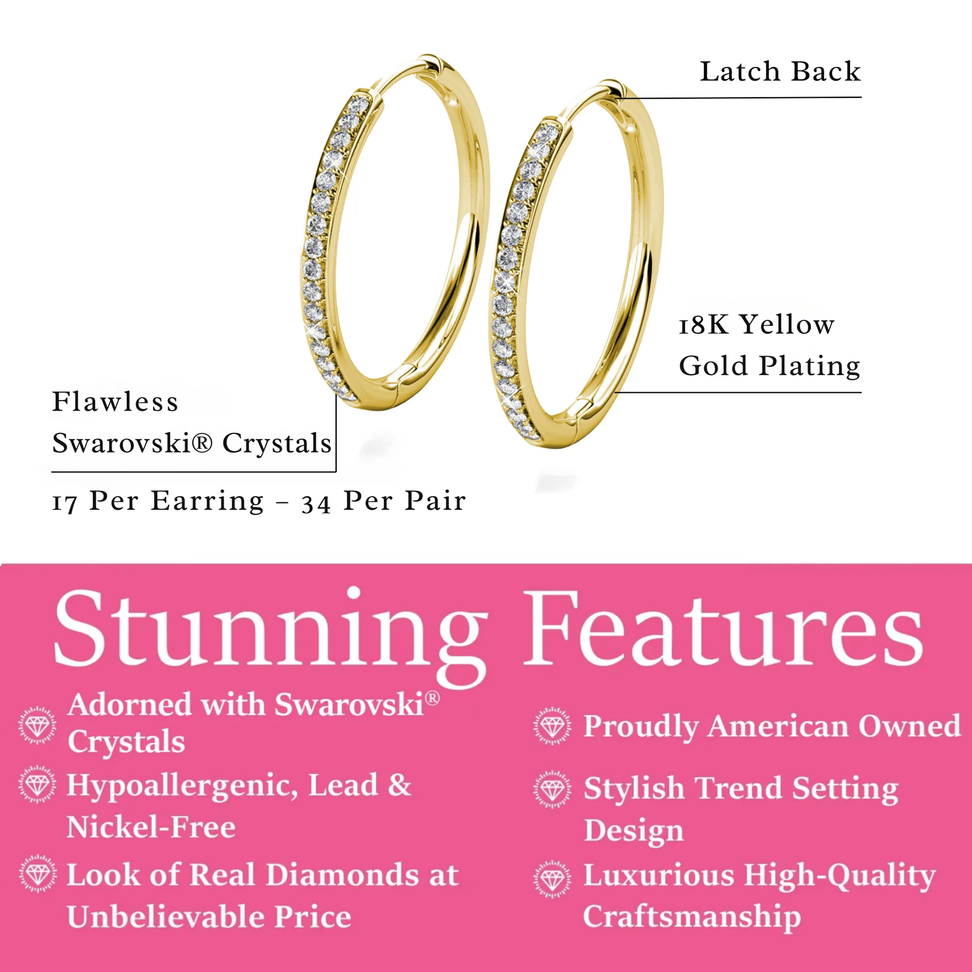 Cate & Chloe Bianca 18k Yellow Gold Plated 25mm Hoop Earrings with Swarovski Crystals for Women - Image 5
