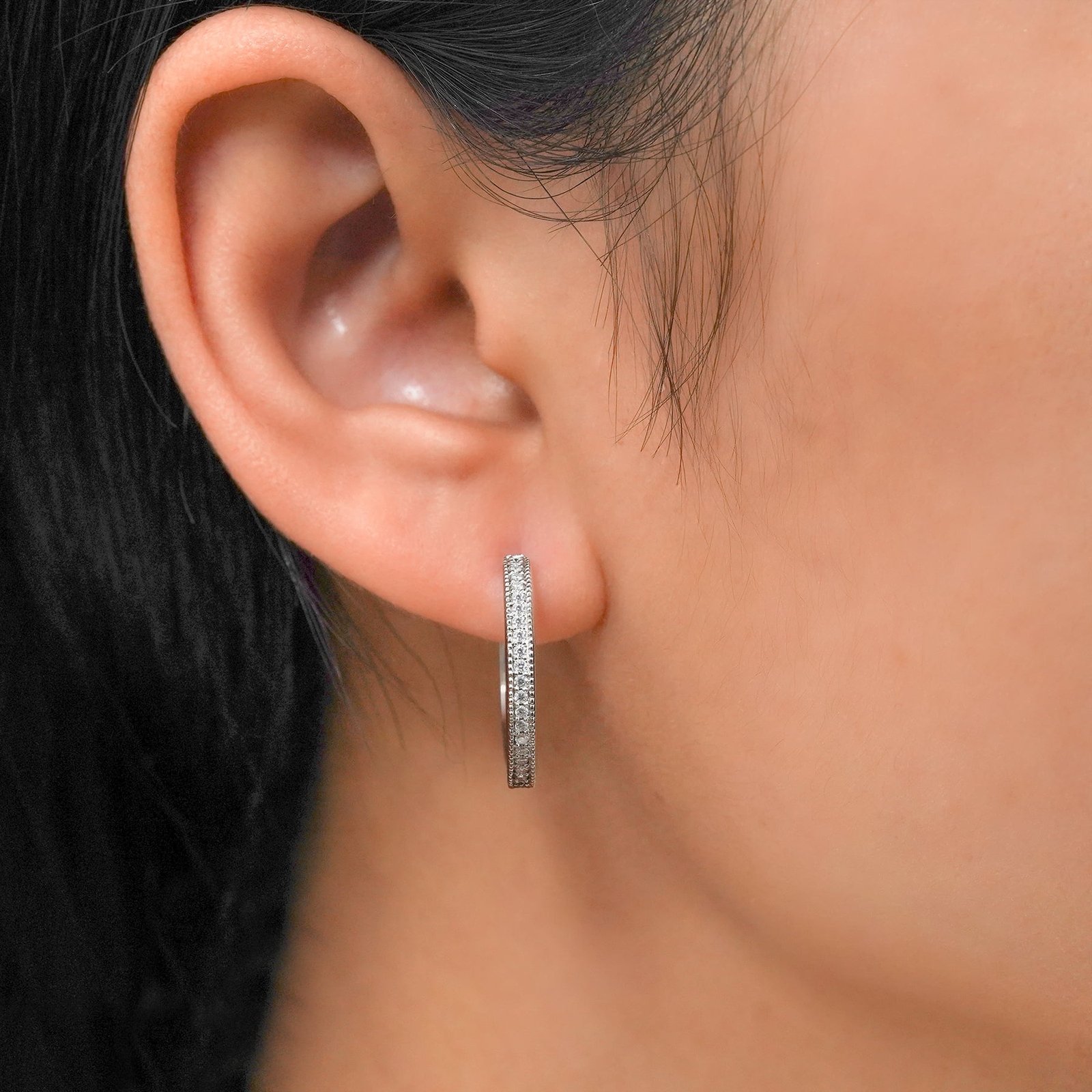 JeenMata Certified Lab Grown Diamond Hoop Earrings - Round Cut Classic Earrings in White Gold Plating for Women - Image 2