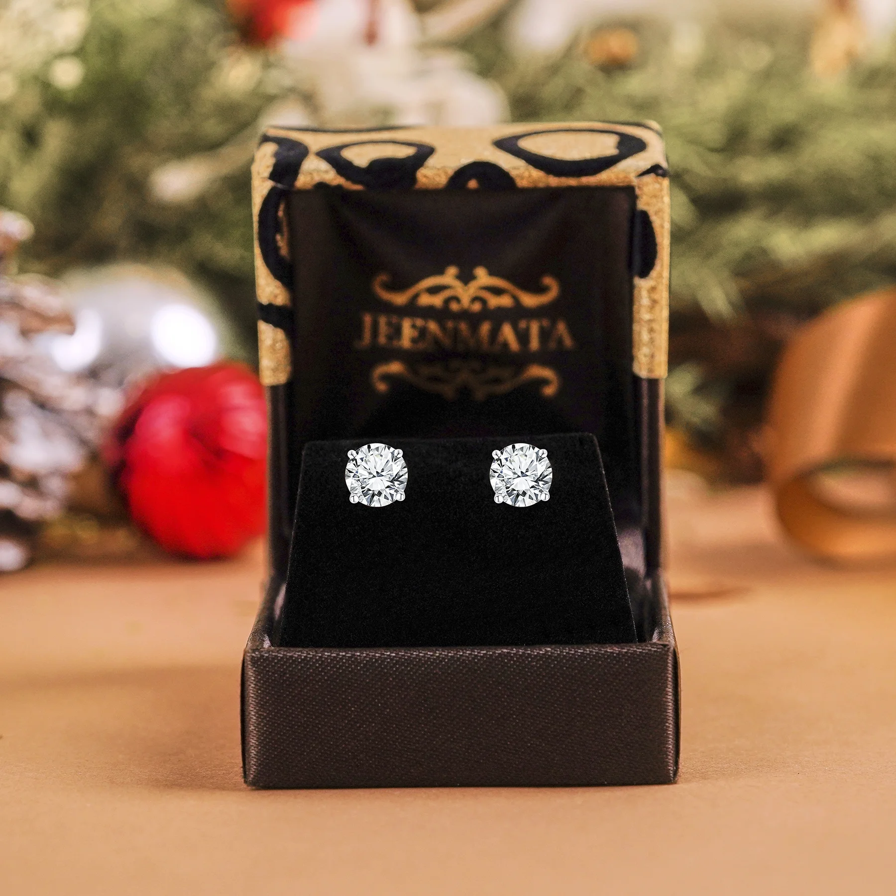 JeenMata 4 Prong 2 Carat Round Shaped Moissanite Solitaire Stud Earrings in 18k White Gold Plating for Women - Image 2